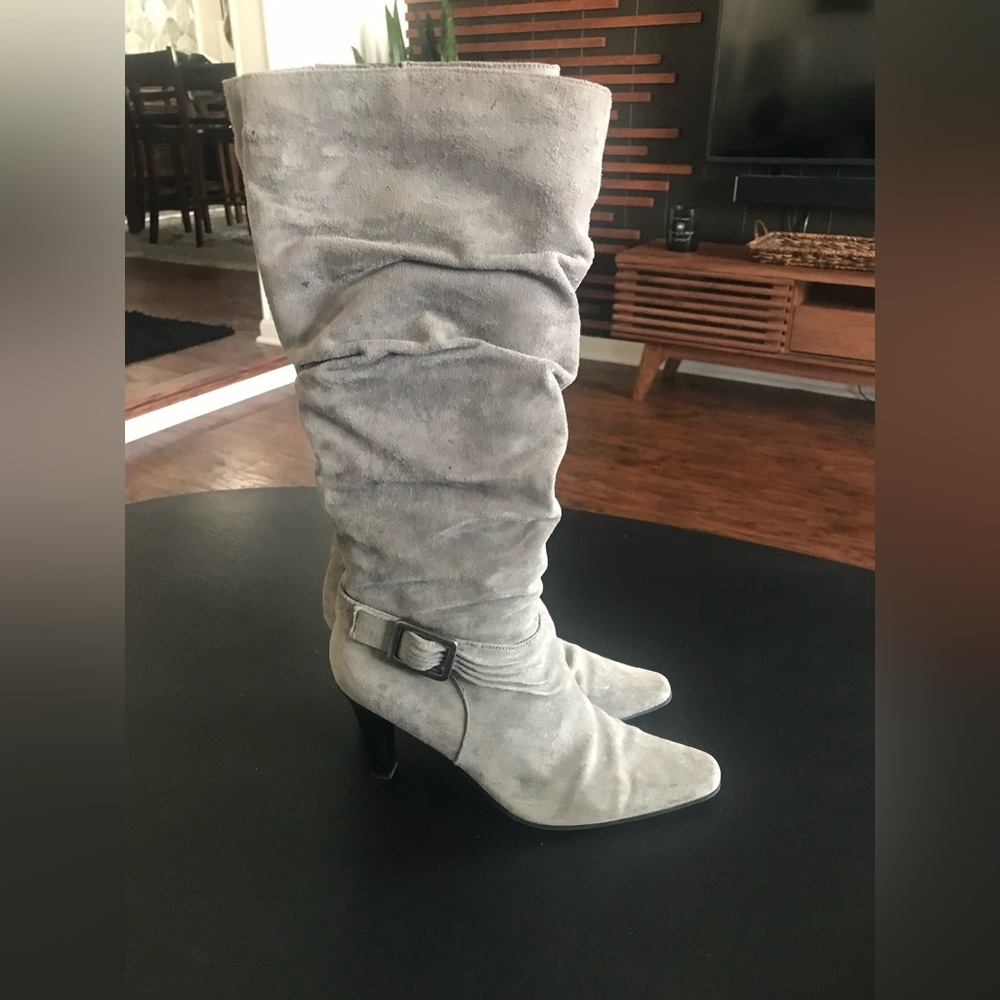 Gray Suede Knee-High Boots